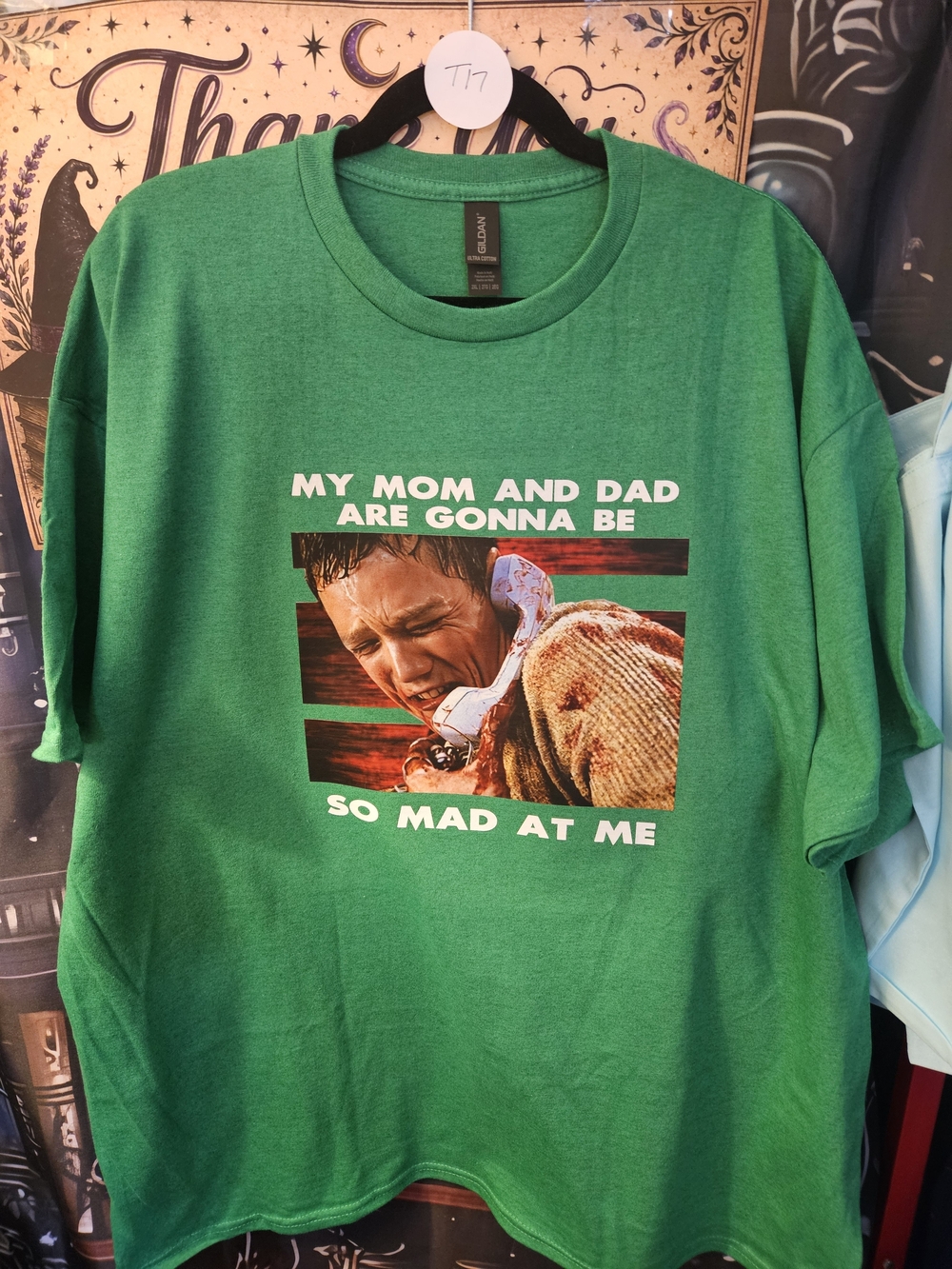 Gildan Green Graphic Tee with 'My Mom and Dad Are Gonna Be So Mad at Me' Print